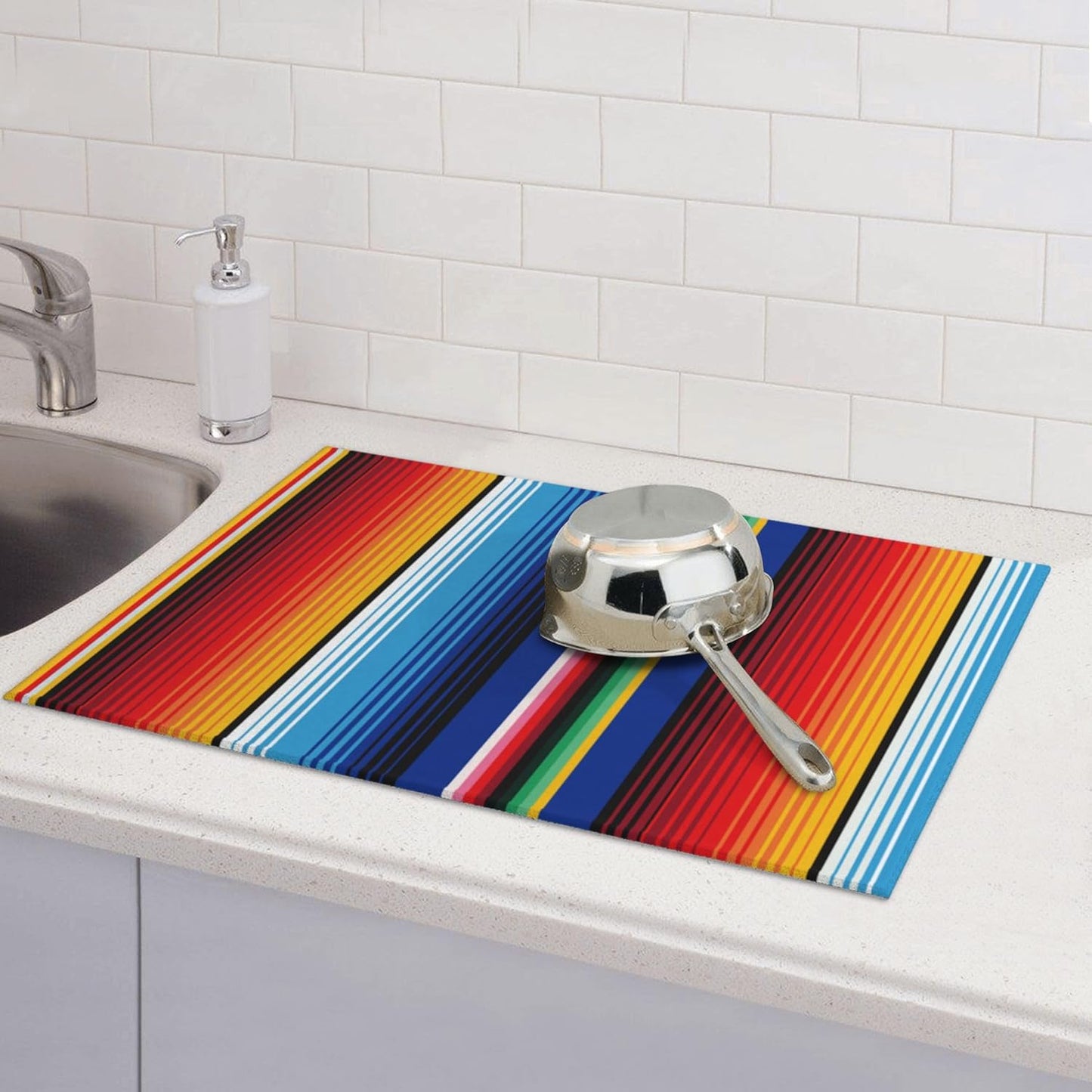 Mexican Dish Drying Mat for Kitchen Counter Rainbow Colorful Stripe Dish Drainer Rack Mats Washable Absorbent Reversible Microfiber Drying Pad Kitchen Accessories 18"x24"