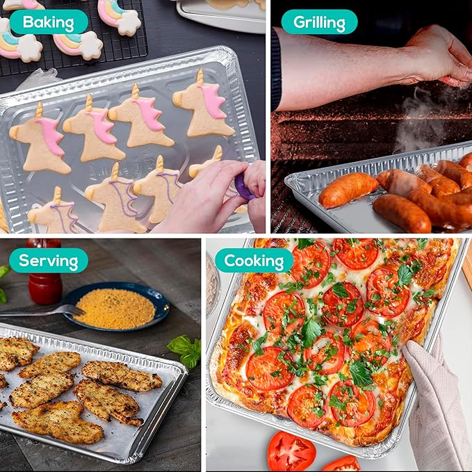 PLASTICPRO Aluminum Pans 10 Pack Disposable Cookie Sheets 13 x 17 Baking Pans Premium Quality Heavy Duty Sheet Pans