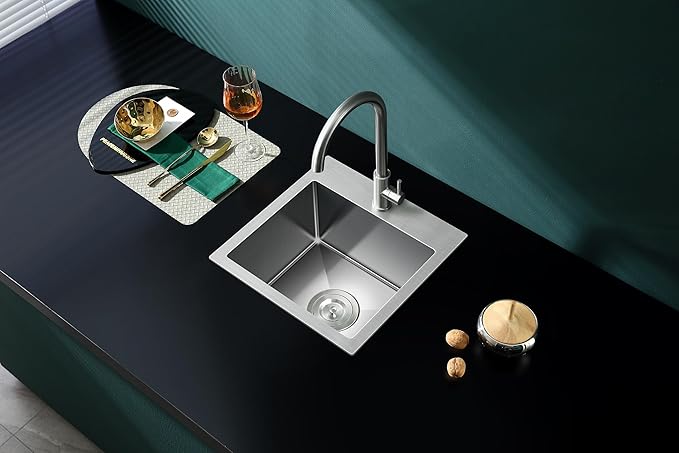 15 inch Drop in Bar Sink, Small Topmount Kitchen Sink Single Bowl, Handmade T-304 Stainless Steel Overmount Kitchen Bar Sink with Basket Strainer