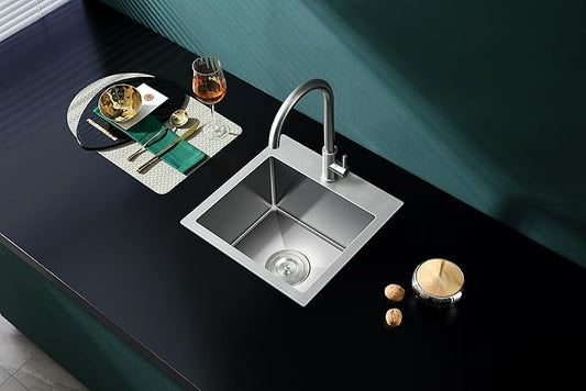 15 inch Drop in Bar Sink, Small Topmount Kitchen Sink Single Bowl, Handmade T-304 Stainless Steel Overmount Kitchen Bar Sink with Basket Strainer