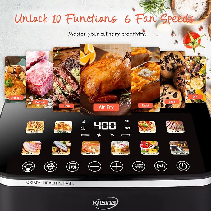 10.6 QT Oilless XL Large Air Fryer, 9 Presets & Keep Warm, Stainless Steel Inner Cavity, 400℉ Precise Temp Control, Shake Reminder, Square Non-Stick&Dishwasher Safe Basket,With Visible Window