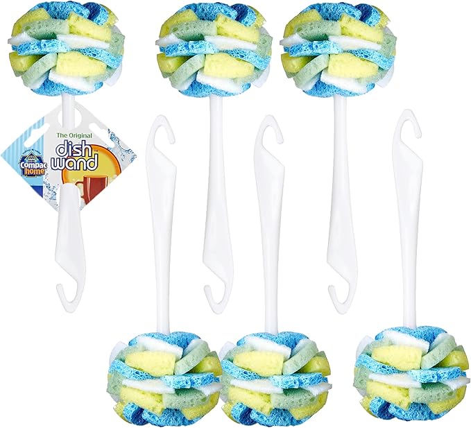 Compac Home Dish SpongeWand Plus Tri Surface Scrubbing Sponge with Cello Foam Scour Sponge Petals, Cleans Dishes, Glassware 360 Scrubber Pads for Tough to Clean Pots Pans, Multi-Color, (Pack of 6)