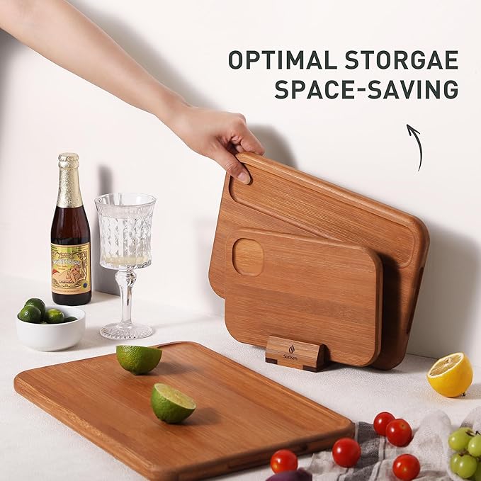 3 Packs Bamboo Cutting Board Set with Holder Nice Solid Thick Wood Deep Juice Groove & Built-in Handles Chopping Board Large Big Small Best Hardwood Kitchen Counter Organic Vegetable Meat BBQ Kit