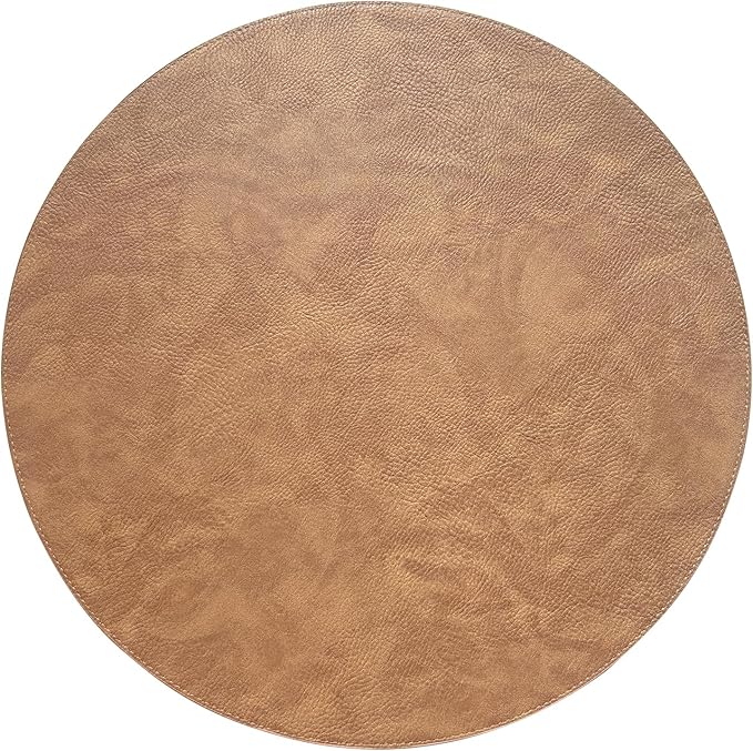 Placemats Set of 6 – Round 15” Faux Leather Table Mats for Dining, Heat Resistant & Non-Slip Washable Table Decor, Indoor, Outdoor, Dining Table Set for 6, Modern Kitchen & Holiday Use, Camel