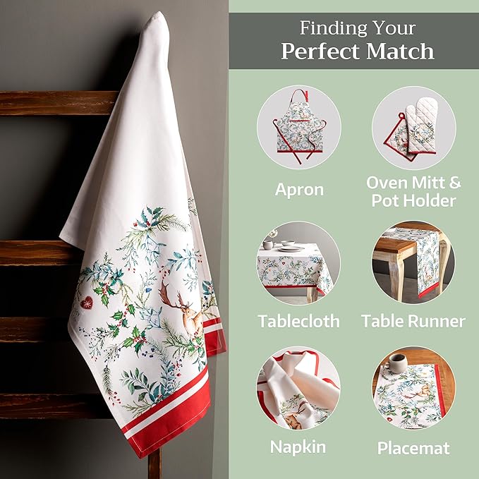 Maison d' Hermine Kitchen Towels Set of 3 100% Cotton 20" x 27.5" Reusable Cloth Tea Dish Towels Absorbent with Hanging Loop for Kitchen Dining Thanksgiving Christmas Decorations (Holly Time)