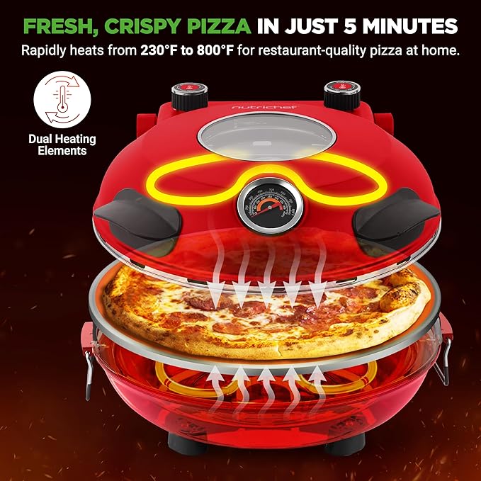 NutriChef Electric Pizza Oven | 1200W Countertop Pizza Maker with Temperature Control & Thermometer | Viewing Window for Precise Cooking | Heats up to 800˚F | Easy to Clean Non-Stick Coating | Red