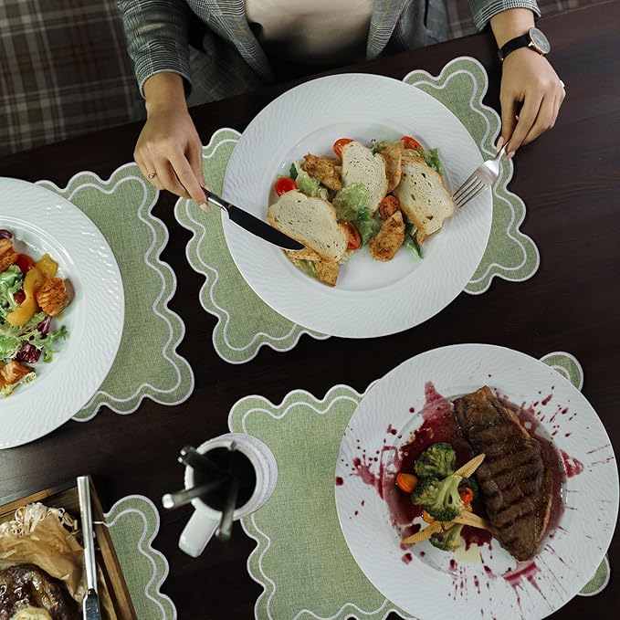 12 Set Linen Placemat 13x19 Wavy Embroidery Scalloped Placemat Double Layered Washable Farmhouse Dinner Table Mat Fabric Napkin for Christmas Hotel Restaurant Wedding Party(Sage Green)