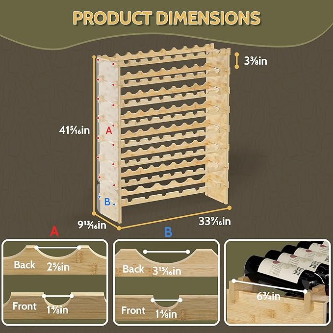 Wine Rack Freestanding Floor, Bamboo 8-Tier 69 Wine Bottle Holder Racks Countertop Cabinet Display, Wooden Stackable Modular Wine Storage Organizer Shelves for Kitchen Bar Cellar Dining Room Natural
