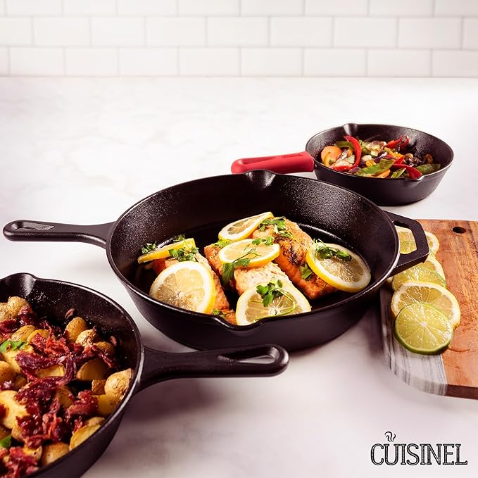 Cuisinel Cast Iron Skillets Set - 12" + 10" + 8"-Inch Pre-Seasoned Frying Pans + Silicone Handle Grip Covers - Use Indoor/Outdoor, Oven, Grill, Stove, BBQ, Camp Fire, Induction Kitchen Cookware