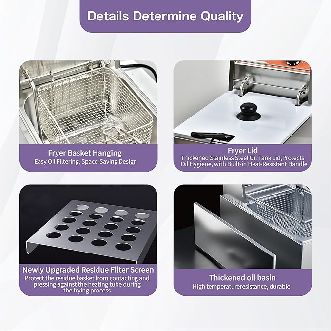 Commercial Deep Fryer with Basket 6-12L Capacity Adjustable Temperature and Timer Stainless Steel With lid Suitable for home/commercial/camping/outdoor (Single fry basket + machine-8lbs)