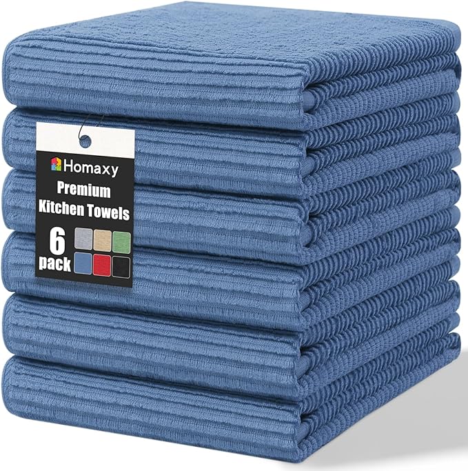 Homaxy Premium Kitchen Towels (18"x 28", 6 Pack), Large 100% Cotton Kitchen Hand Towels, Ultra Absorbent Ribbed Terry Tea Towels Set with Hanging Loop, Navy Blue