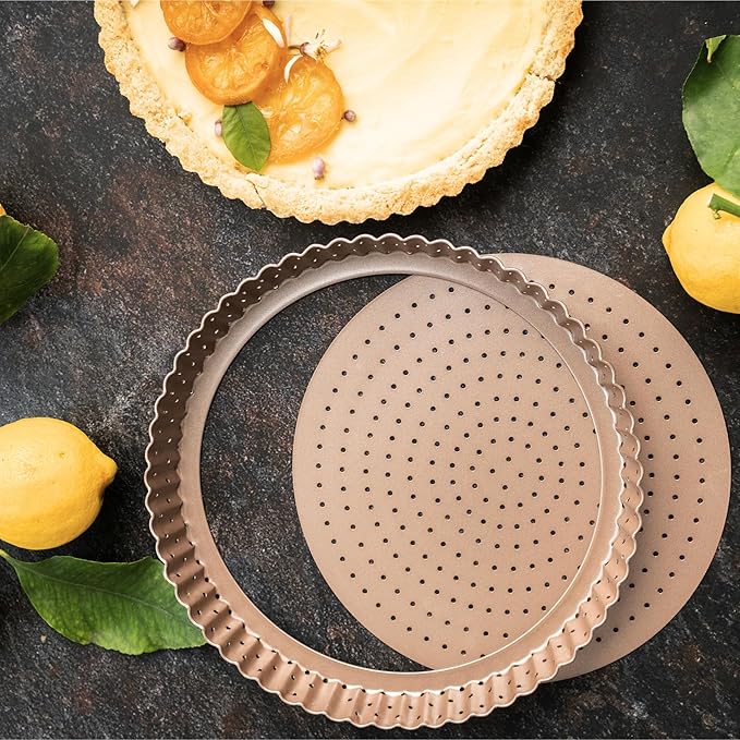 HAPPIELS Non-Toxic Nonstick 9-inch Tart Pan with Removable Bottom Perforated | Round Gold Quiche Pan