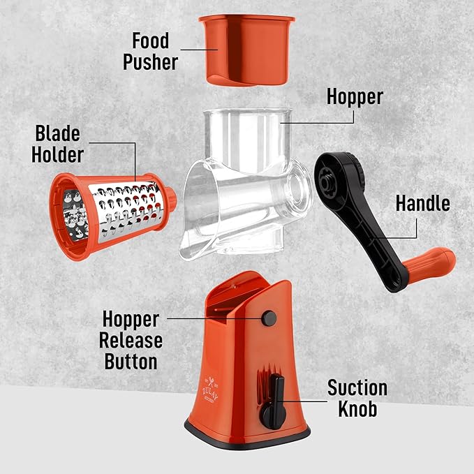 Zulay Kitchen Rotary Cheese Grater 5 Blade Cheese Shredder - Manual Hand Crank Cheese Grater With Reinforced Suction & 5 Interchangeable Drums - Easy to Use, Vegetable Chopper Round Mandoline Slicer