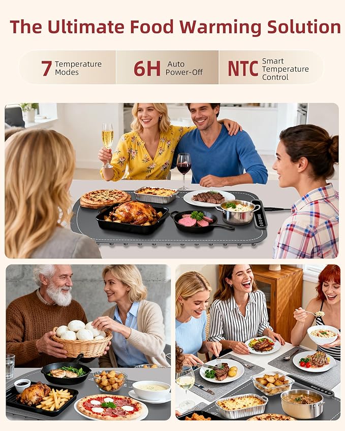 Warming Mat for Food, Upgraded Fast-Heating Electric Warming Tray with 7 Temp Levels & 8 Timers, Buffet Raised Feet & Rollable Silicone Heat Pad, Portable Food Warmer for Home, Party & Travel