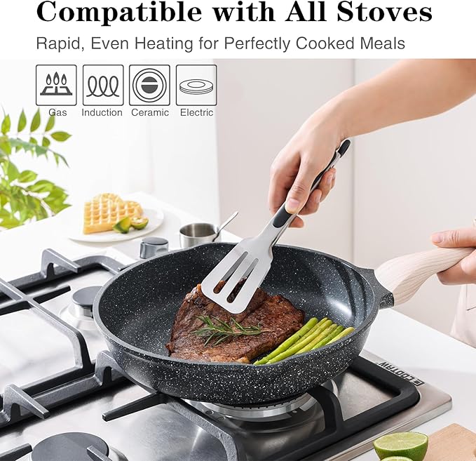 Kordisen Nonstick Frying Pan Set, 3 Piece Skillet Set, Healthy Induction Cooking Pan, Stay-Cool Handle, Compatible with All Stovetops, PFOA Free (8, 9.5, 11 Inch)