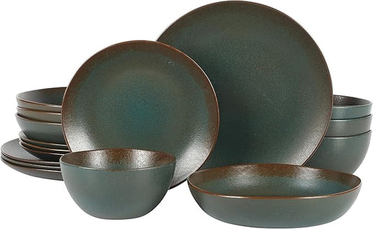 Bloomhouse Palermo Sun Double Bowl Stoneware Reactive Glaze Plates and Bowls Dinnerware Set - Agave Blue, Service for Four (16pcs)