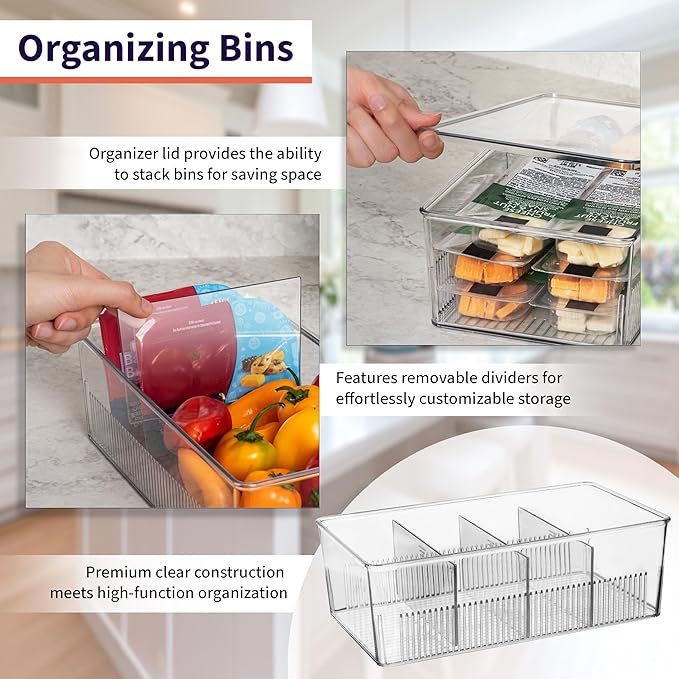 ClearSpace Pantry Organization and Storage Bins with Removable Dividers & Lids – Perfect Pantry Organizers or Kitchen Organization – Refrigerator Organizer Bins, Cabinet Organizers, 4 Pack