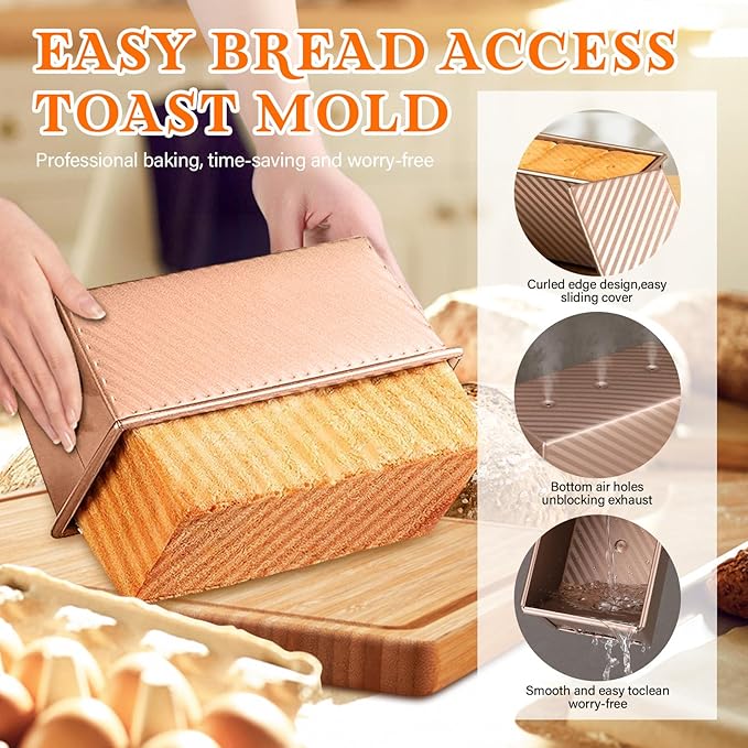 Pullman Loaf Pan Set with Lids – 2 Pack Nonstick Bread Pans for Baking, 2.2lb & 1lb Dough Capacity, Carbon Steel Sandwich Toast Mold for Shokupan, Pain de Mie & Sourdough with Baking Tools