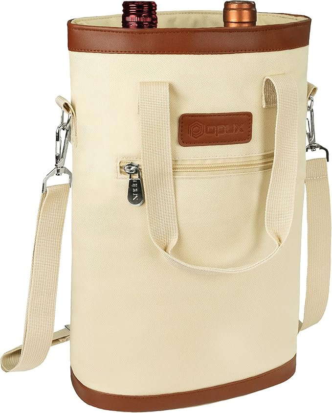 opux Two Bottle Wine Bag Carrier Tote, Insulated Leakproof 2 Bottle Wine Cooler Bag for Travel BYOB Picnic, Portable Wine Case, Gift for Men Women Wine Lover Birthday Party Christmas, Cream Beige