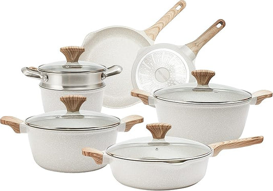 Country Kitchen Non-Stick Cast Aluminum Cookware Set - Durable Kitchen Cookware for Everyday Cooking, Cream, 11 Pc.