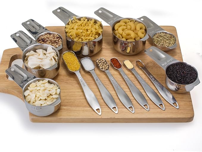 13-piece Measuring Cups and Spoons Set, 18/8 Stainless Steel Heavy Duty Ergonomic Handle with Ring Connector, Silver