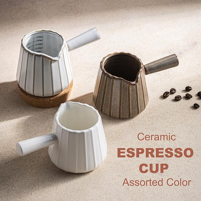Espresso Cups Ceramic, 200ML Espresso Measuring Cup with Handle, Expresso Shots Cups with Scale, Espresso Accessories, White