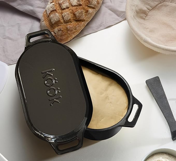 KooK Dutch Oven, for Bread Baking, Sourdough Loaf Pan, with Lid, Dual Handles, Enameled Cast Iron, includes Lid Lever, Dishwasher Safe, 3.4 Qt, Black