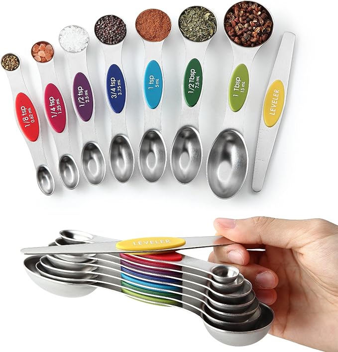 Spring Chef Multicolor Stainless Steel Magnetic Measuring Spoons Set of 8 with Leveler, Nesting Metal Teaspoon & Tablespoon Measuring Spoons, Kitchen Gadgets for Baking & Cooking - 2 Pack