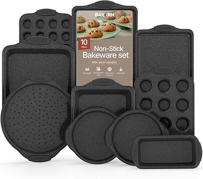 BAKKEN Kitchen Baking Pan Set - Nonstick Coating, Carbon Steel Bakeware Sets with Gray Silicone Handles, Baking Kitchen Essentials, PFOA, PFOS, PTFE Free, Oven Safe Tray (Up To 450° F), Set of 10