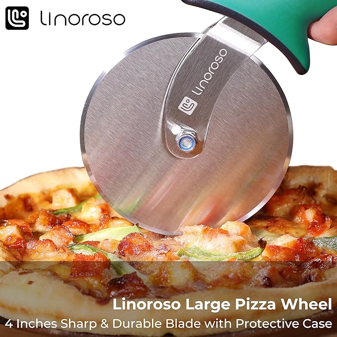 Linoroso Pizza Cutter Wheel, Durable Stainless Steel 4-Inch Pizza Wheel Cutter with Comfortable Safety Handle, Pizza Slicer Wheel for Cutting Through Pizza, Crust, Pie, Brownie, Flatbread, Green