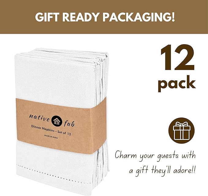 Native Fab Set of 12 Cotton Cloth Napkins, 18 x 18 inch, Hemstitched Edges with Mitered Corners, Soft, Absorbent, Reusable Table Linen Napkins for Wedding, Events, Lunch, Dinner, Parties - White