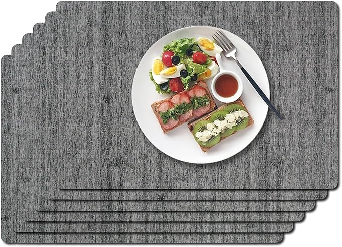 Vinyl Placemats Set of 6-12×17.7 Inch Waterproof & Heattable Placemats, Fall Faux Leather Wipeable Outdoor Table Mat for Dining, Kitchen, Indoor Outdoor Use (Grey, Wood Grain)