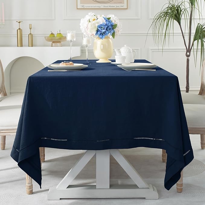 Linen World Hemstitch Linen Tablecloth, French Linen Navy Tablecloth 108" x 60" Inch, Washable Rectangular Table Cloth for Dining, Outdoor, Weddings and Restaurants, Decorative Valentine Easter
