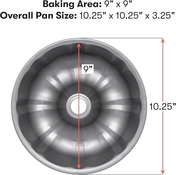 Cooking Light Heavy Duty Nonstick Bakeware Carbon Steel Fluted Tube Bundt Pan with Quick Release Coating, Manufactured without PFOA, Dishwasher Safe, Oven Safe, 9-Inch, Gray