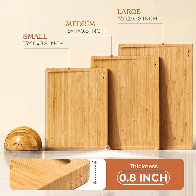 SMIRLY Wooden Cutting Boards For Kitchen Meal Prep & Serving - Bamboo Cutting Board Set with Holder, Charcuterie & Chopping Board, Wood Cutting Board Set, Kitchen Gadgets