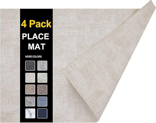 homing Faux Leather Heat Resistant Placemats 4 Packs, Waterproof Wipeable Dining PU Place Mats for Indoor & Outdoor, Easy to Clean, Beige