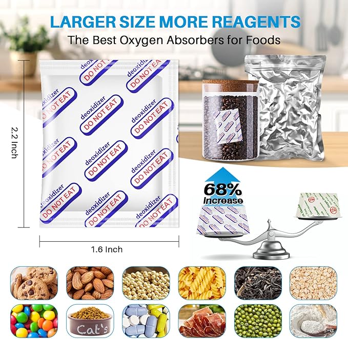 300 cc Oxygen Absorbers For Food Storage Individually Wrapped 100 Pack (1 Pack Of 1) O2 Absorbers Food Grade Oxygen Absorbers for Long Term Food Storage