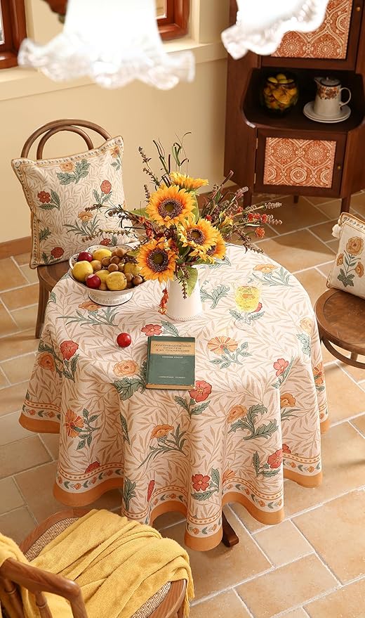 patdrea Designer Floral Linen Table Cloth Durable Breathable Tabletop Cover Dacorative Kitchen Dining Tablecloth for Round Tables for Kitchen Dining Parties,Holiday Christmas,Diameter 67"
