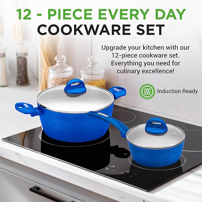 NutriChef 12-Piece Nonstick Kitchen Cookware Set - PFOA/PFOS-Free Heat Resistant Lacquer Kitchen Ware Pots Pan Set Light Gray/Blue - Saucepot, Pans, Cooking Pot Oven Pot, Lid, Utensils