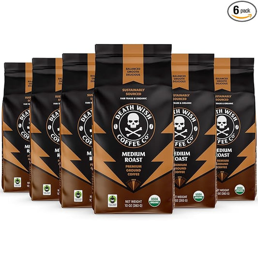 Death Wish Coffee, Medium Roast Ground Coffee, 6 pack