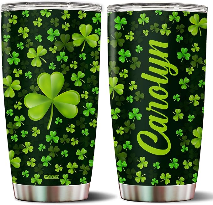 Personalized Green Irish Shamrocks Tumbler For Women with Lid Insulated 20 oz Stainless Steel Water Bottle Coffee Cup Travel Mug Gift For Mom Daughter Wife Girls