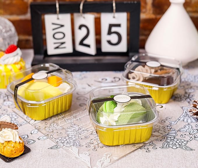 60 Pack Mini Cake Pans with Lids Square Mini Aluminum Pans Pie Tins Flan Containers for Wedding Birthday Party Gift (5OZ, Gold)