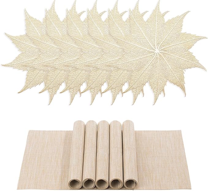 BACKTOEDEN Placemats Set of 6 Heat Resistant Washable Wipeable Placemat Woven Non-Slip Foldable Vinyl/Plastic Place Mats Indoor/Outdoor Mat Kitchen Dining Table Pad, Gold Maple Leaf & Beige