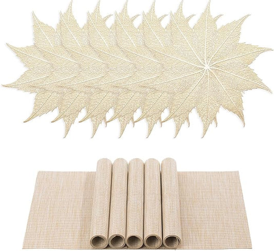 BACKTOEDEN Placemats Set of 6 Heat Resistant Washable Wipeable Placemat Woven Non-Slip Foldable Vinyl/Plastic Place Mats Indoor/Outdoor Mat Kitchen Dining Table Pad, Gold Maple Leaf & Beige