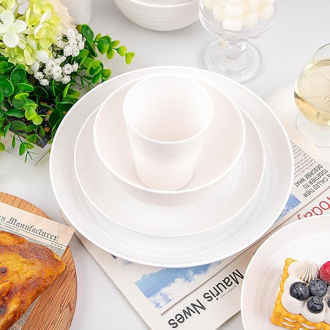 Supernal 32pcs Wheat Straw Dinnerware Sets, White Dishes for 8, Plates and Bowls Sets, Reusable Plastic Plates, Microwave Dishwasher Safe, White Plastic Dinnerware Set