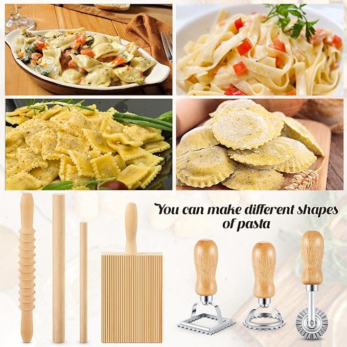 Tioncy 7 Pcs Pasta Making Tool Set Wood Gnocchi Board with Ravioli Stamp Ravioli Maker and Rolling Pin Homemade Gnocco Maker Kitchen Gift for Christmas Baking Lovers(Classic Gnocchi Board Set)