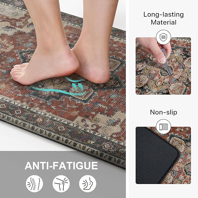 GENIMO Kitchen Mats for Floor 2PCs, Washable Anti Fatigue Mat for Cushioned, 17.3"x59"+17.3"x30", Waterproof Kitchen Rugs, Non Slip Comfort Standing Mat Rug for Home, Sink, Laundry, Bordeaux
