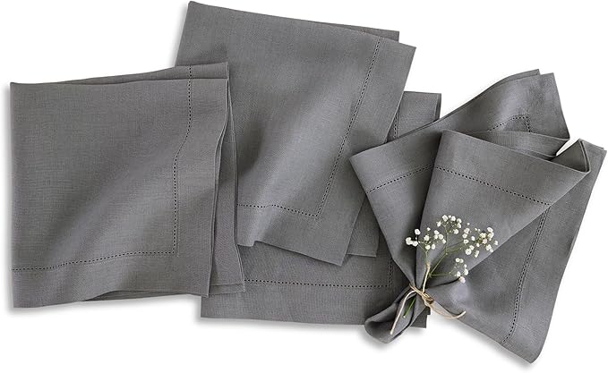 Solino Home Linen Cloth Napkins Set of 4-100% Pure Linen Steel Gray Dinner Napkins 20 x 20 Inch for Fall, Autumn - Classic Hemstitch, Handcrafted and Machine Washable
