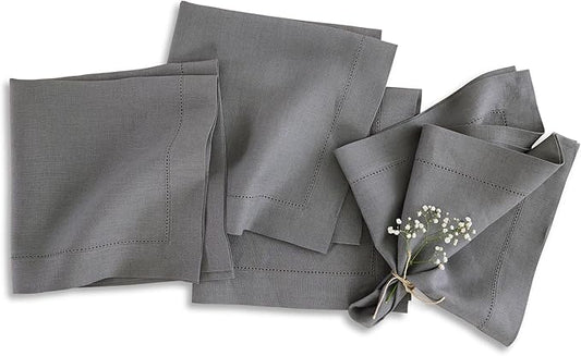 Solino Home Linen Cloth Napkins Set of 4-100% Pure Linen Steel Gray Dinner Napkins 20 x 20 Inch for Fall, Autumn - Classic Hemstitch, Handcrafted and Machine Washable