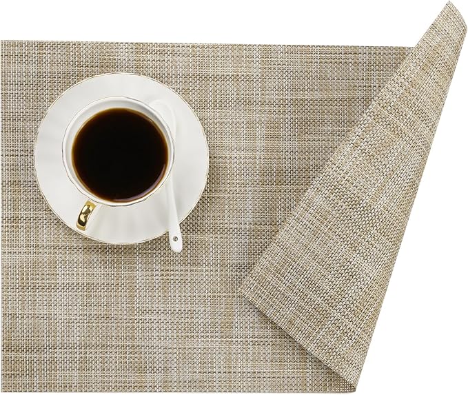 SHACOS Placemats Set of 6 Woven Vinyl Place Mats Wipeable Heat Resistant Stain Resistant Table Mats Indoor Outdoor, Beige
